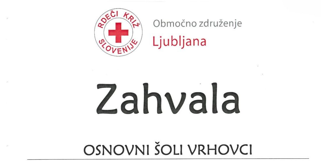 ZAHVALA za izdelavo voščilnic z lepimi mislimi za krvodajalce RKS-OZ Ljubljana